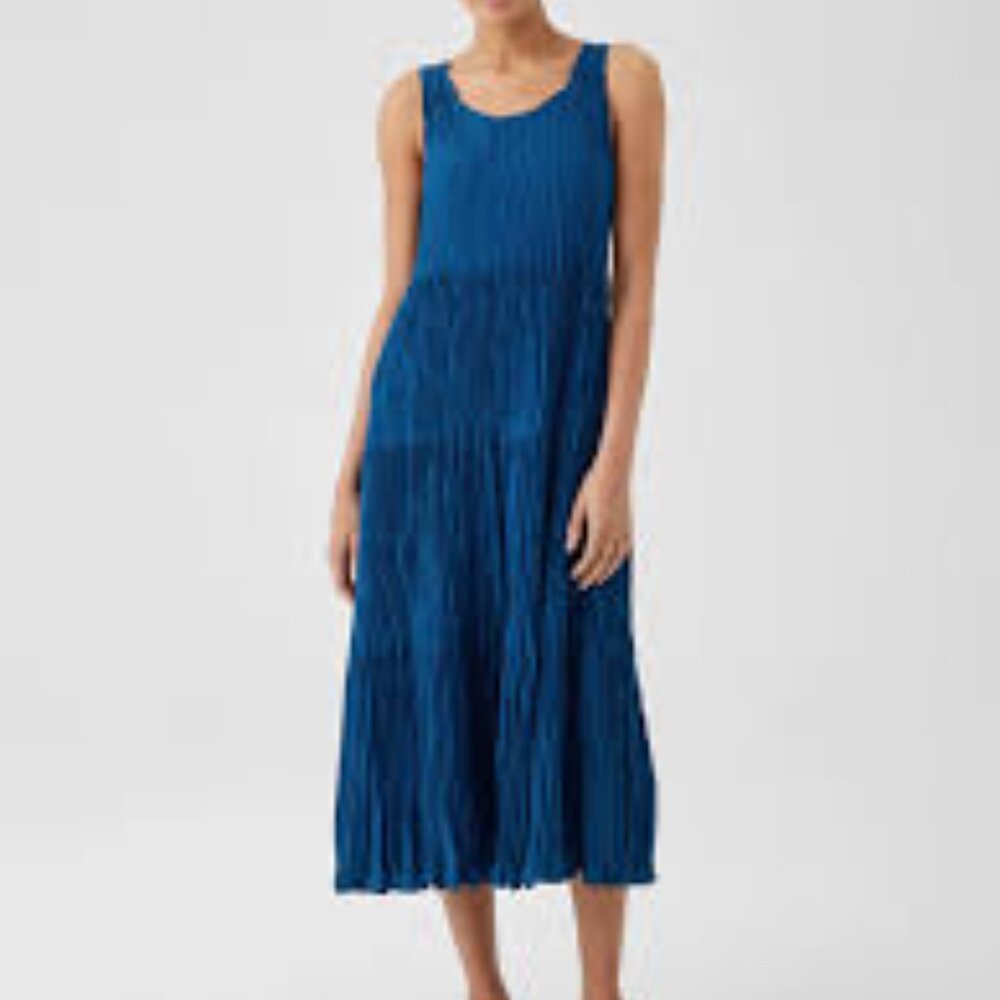 NWT EILEEN FISHER Atlantis Blue CRUSHED SILK SCOOP NECK F/L TIERED DRESS
